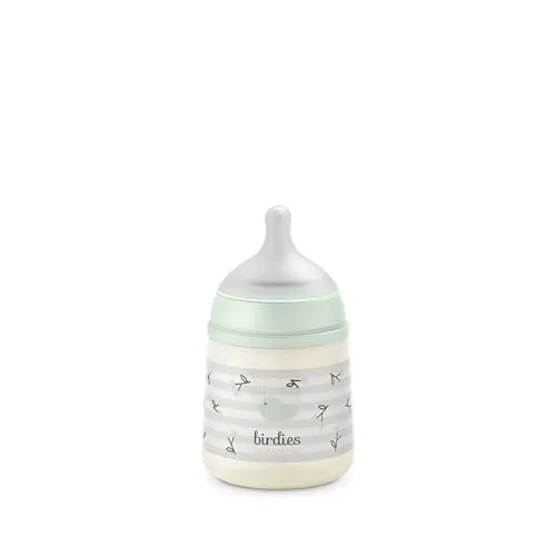 Suavinex, Babyflasche 150 ml mit SX Pro Physiologischem Silikon-Sauger, Antikolik-Flasche mit langsamem Fluss (S), Ideal für Muttermilch oder Wasser, für Neugeborene ab 0 Monaten, Design Birdies Grün