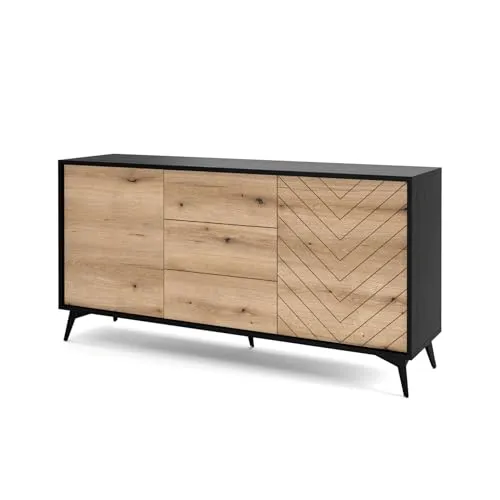 Selsey Boulia - Elegantes Sideboard mit 3 Schubladen in Schwarz und Eiche - Moderne Kommode mit Fischgrätfronten und schlanken Metallbeinen, ideal für Wohnzimmer oder Schlafzimmer. Bietet viel Stauraum und eine breite Tischplatte für Dekorationen.
