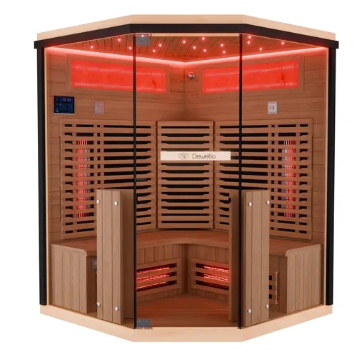 Infrarotkabine KENORA 140 - Vollspektrum 3-Personen Sauna - Kategorie: Saunen & Infrarot-Wärmekabinen, bietet eine entspannende LED Farblichttherapie und Bluetooth-Entertainment für ein modernes Wellness-Erlebnis.