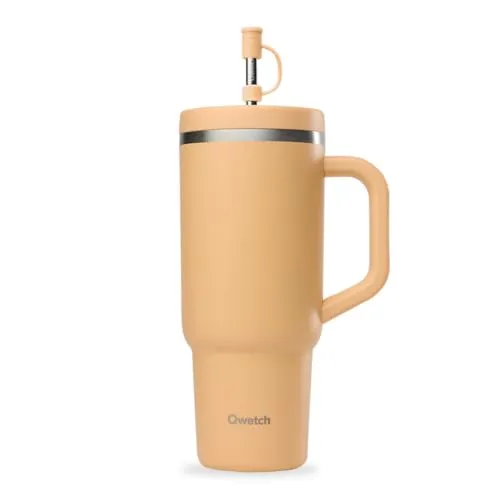 QWETCH Travel Cup – Thermobecher 900ml mit Strohhalm & Henkel – 48h Eisgekühlt / 12h Kalt – Isolierbecher aus recyceltem Edelstahl – Auslaufsicherer Schraubdeckel – Quencher Style – Schwarz