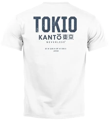 Neverless® Herren T-Shirt Backprint Tokyo Japan Japanische Schriftzeichen Grafik Printshirt Fashion Streetstyle Weiss XXL