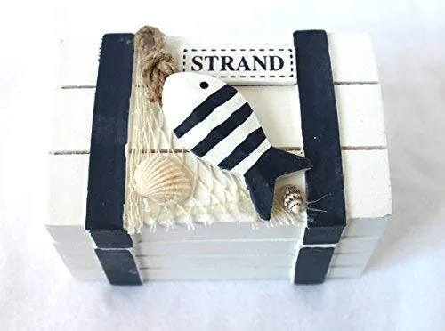 Holzdekoration Holz-Truhe Strand blau-weiss 11 x 7 x 7 cm Box mit Holzfisch STRAND
