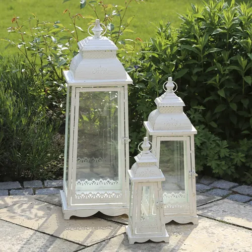 3tlg. Set Laterne LUGANO creme weiß H68-35cm antik aus Metall Ornament verziert