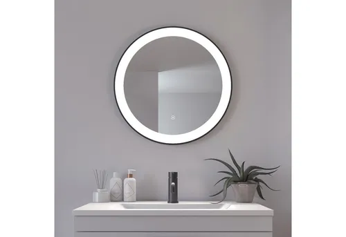 Loevschall Libra Rund Badspiegel mit Beleuchtung 60 cm - Badezimmer Wandspiegel mit dimmbarer LED-Beleuchtung und edlem, matt-schwarzem Rahmen. Perfekte Farbwiedergabe dank CRI > 90 und einfache Installation für feuchte Räume.