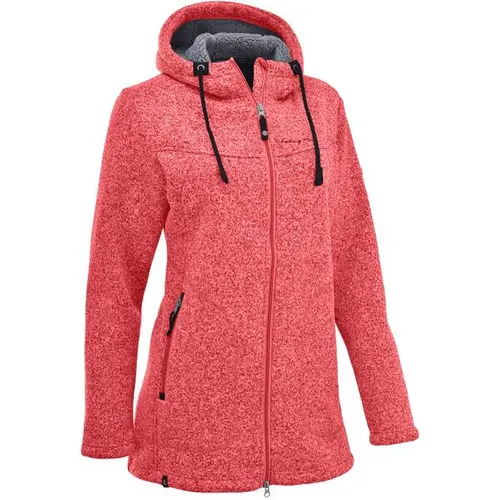 MAUL Sport Wilde Kaiserin - Strickfleece Mantel mit Kapuze in Coral - Funktionsjacke für Damen, ideal für herbstliche Wandertouren mit atmungsaktivem, schnelltrocknendem MDS-Fleece und modischen Details in Lederoptik.