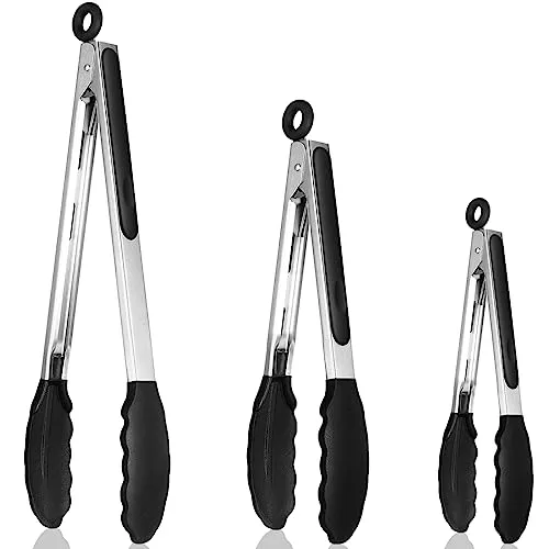 Royouzi Küchenzange, Hitzebeständige Kochzange 3er-Set, Verdickter Edelstahl und BPA-freie Silikonspitzen, Kratzfreie Kochzange Großartig zum Backen Grillen, 18cm,23cm und 30,5cm, Schwarze