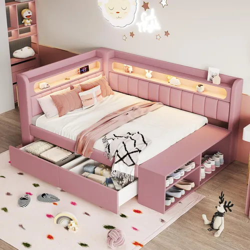 MODFU Kinderbett Polsterbett 90x200 mit USB-Anschluss und LED-Licht