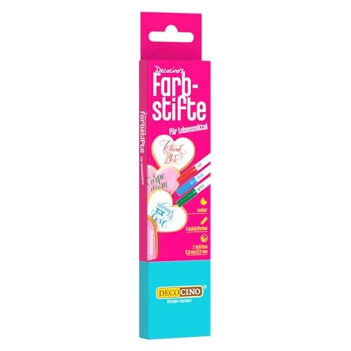 DECOCINO Lebensmittel-Farbstifte –3er Set – essbare Filzstifte mit Lebensmittel-Farbe – zum Verzieren von Kuchen, Torten uvm. – glutenfrei & laktosefrei