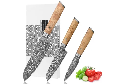 Zayiko 3er Damastmesser-Set - 67 Lagen Damaststahl - Küchenmesser-Set mit 8-17 cm Klingen aus 67 Lagen Damaststahl und edlen Birke Wurzelholzgriffen. Ideal für präzises Schneiden von Gemüse, Fleisch und mehr - perfekte Kombination aus Eleganz und Funktionalität!