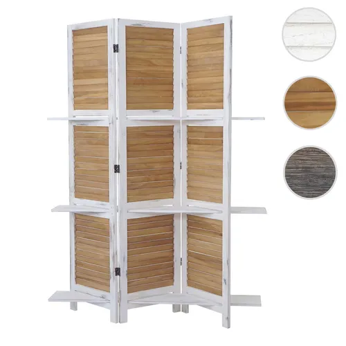 Paravent T752 - Shabby Look Raumteiler mit Regalböden 170x125cm - Paravent im Vintage-Stil, ideal als Raumtrenner mit 3 praktischen Regalböden für Bücher oder Dekoartikel. Robustes Paulowniaholz sorgt für Stabilität und einzigartigen Used-Look.