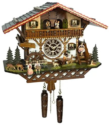 Trenkle Quarz Kuckucksuhr Schwarzwaldhaus mit Musik, beweglicher Biertrinker, drehendes Mühlrad und Tänzer