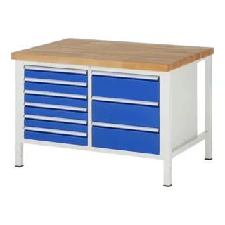 Rau Werkbank 8479A2 – Robuste Arbeitsplatte aus Buche - Hochwertige Werkbank 8479A2 aus 100 % Buche-Massivholz, mit 9 Schubladen und 1250 kg Flächenlast. Ideal für Werkstätten und Hobbyräume, bietet sie eine stabile und langlebige Arbeitsfläche.