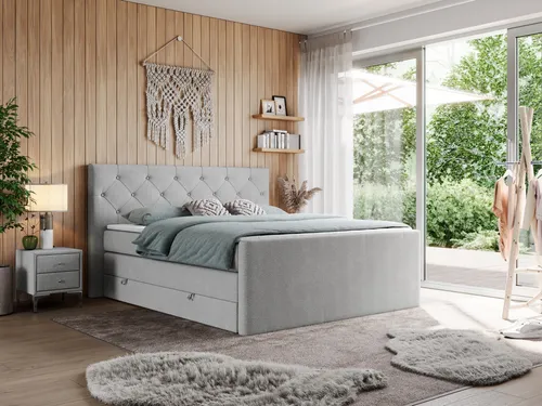 MKS Boxspringbett Hellgrau 200x200 cm - Bequemes 2-Sitzer Boxspringbett mit PREMIUM-Matratze und 7 Härtezonen für optimalen Schlafkomfort. Ideal für Schlafzimmer und bietet zusätzlichen Stauraum.