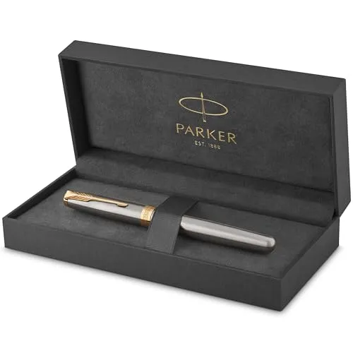 Parker Sonnet Füller - Eleganter Füllfederhalter mit Edelstahl und Goldzierteilen - Füller aus Edelstahl mit luxuriösen Goldakzenten, handgefertigt für höchste Qualität. Ideal als stilvolles Geschenk in edler Parker Premium Geschenkbox.
