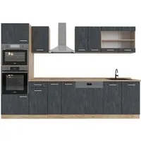 Vicco Küchenzeile R-Line 300 cm, Schwarz Beton/Goldkraft Eiche - Moderne Küchenzeile mit individuell anpassbarem Design, inklusive Hochschrank und Arbeitsplatte – perfekt für Ihre Traumküche!