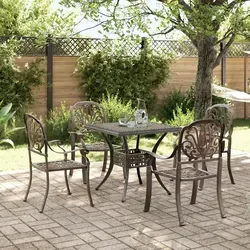 vidaXL 5-tlg. Garten-Essgruppe aus Aluminiumguss - Braun - Elegante Garten-Essgruppe für entspannte Stunden im Freien. Robustes Aluminiumguss-Material sorgt für Langlebigkeit und Wetterbeständigkeit. Ideal für Terrasse oder Garten, inklusive Tisch mit Schirmloch.