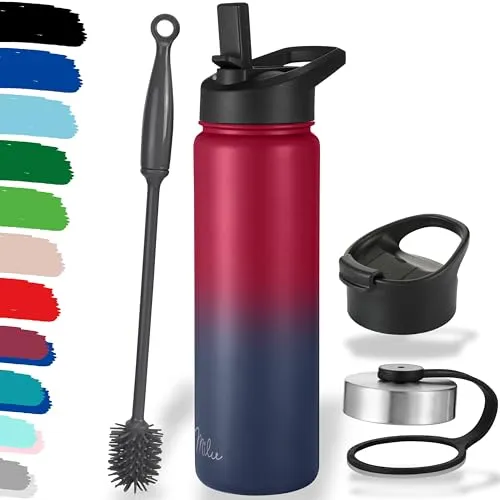 Milu Edelstahl Trinkflasche 500ml, 750ml, 1L (+3 Deckel) - Thermosflasche mit Strohhalm, Isolierte Wasserflasche, Auslaufsichere Isolierflasche doppelwandig, Kohlensäure geeignet (Berry Blau, 750ml)