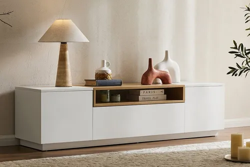 riess-ambiente TV-Board LOFT 160cm weiß/natur - modernes Design mit Stauraum - TV-Board LOFT in elegantem Weiß und natürlichem Eichen-Design. Mit zwei Fächern hinter Türen, einem offenen Fach und einer Schublade bietet es viel Platz für Multimedia-Geräte und Dekoration. Ideal für Wohnzimmer und TV-Ecke.