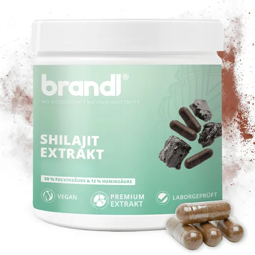 brandl® Shilajit Kapseln – 500mg Mumijo Extrakt mit Fulvinsäure - Shilajit Kapseln mit 500mg Extrakt pro Portion, vegan und ohne Zusätze, in Deutschland abgefüllt und unabhängig laborgeprüft für höchste Qualität.