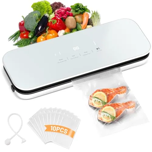 Vakuumiergerät 75kPa mit Digitales Display, Glasscheibe-Vakuumierer sous vide inkl. Eingebauter Cutter, Folien-Schweißgerät inkl. 10 Vakuumierbeutel und Schlauch, Weiß