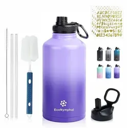 Trinkflasche 1,2L Edelstahl Isolierflasche mit Strohhalm & 2 Deckeln