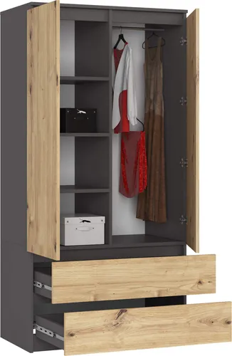 Kleiderschrank S90 90cm mit 2 Türen und 2 Schubladen - Vielseitiger Kleiderschrank S90 mit intelligenter Innenaufteilung. Ideal für Ordnung in Schlafzimmer, Flur oder Büro. Zwei großzügige Schubladen und vier Regalfächer bieten optimalen Stauraum auf kompaktem Raum.