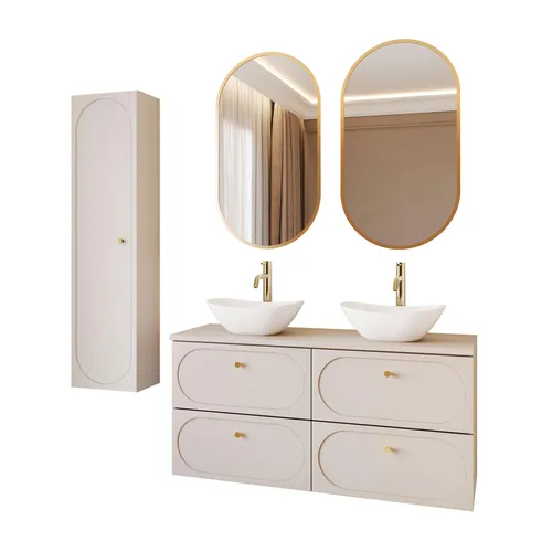 Badezimmer-Set IVORY II – Elegante Kombination aus Spiegel, Armatur und Waschbecken - Verleihen Sie Ihrem Badezimmer mit dem IVORY II Set einen modernen Look. Das elegante Design in sandbeige bietet Stauraum und Komfort für den täglichen Gebrauch, ideal für kleine und große Räume.