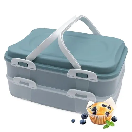 Kuchen Transportbox mit 2 Etagen - Wiederverwendbarer Partycontainer für Backwaren - Kuchenbehälter mit klappbaren Tragegriffen und 2 Etagen, ideal für Picknick und Feiern. Maße: 40 x 30 cm, Fassungsvermögen je Behälter 7 Liter.
