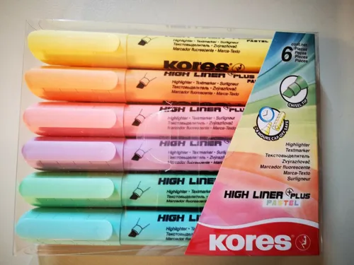 Kores High Liner Plus - Set von 6 Pastellfarben, wasserbasierte Tinte und Keilspitze für brillante Ergebnisse in Schule und Büro