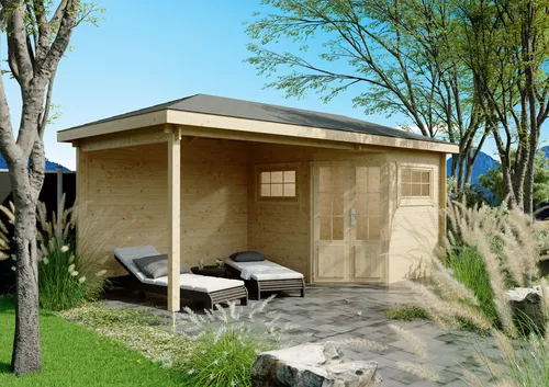 Fjordholz 5-Eck Gartenhaus Modell Evelyn 2C - Massives 5-Eck Gartenhaus aus 28mm nordischer Fichte. Robuste Konstruktion für hohe Wind- und Schneelasten. Mit Doppeltür, Echtglasfenstern und stabilen Anbauteilen. Individuelle Größen und Farben auf Anfrage.