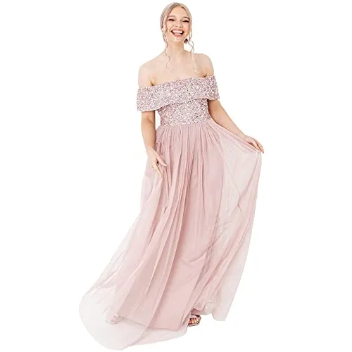 Maya Deluxe Damen Abendkleid Brautjungfernkleid Bardot Paillettenverzierung Elegant Für Hochzeit Tüllkleid Bridesmaid Dress, Frosted Pink, 52 EU