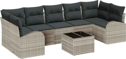 vidaXL Garten-Sofa-Set 8 pcs Hellgrau - Modulares Gartenmöbel-Set aus langlebigem Poly-Rattan für drinnen und draußen, ideal für entspannte Momente oder Partys, mit stabilem Design und schickem Tisch aus Sicherheitsglas.