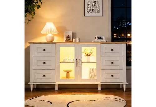 OKWISH Sideboard mit LED-Beleuchtung und 6 Schubladen, 150x75x40 cm
