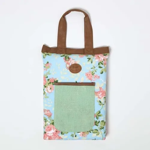 Homescapes Garten-Kniekissen 26x40 cm mit Tragegriff & Tasche, Kniematte Garten blau-rosa mit Rosenmuster