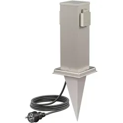 ledscom.de Garten-Steckdosen-Säule Polly mit Erdspieß und 2m Kabel für außen, IP44, 2-Fach, Edelstahl, eckig, 27cm