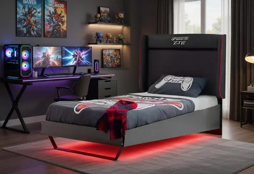 Kinder Gaming Bett schwarz rot mit LED Beleuchtung - Modernes Jugendbett mit LED-Beleuchtung für ein stylisches Ambiente. Breite 115 cm, Länge 205 cm, aus robustem Holz. Perfekt für Gamer, die Komfort und Design schätzen.
