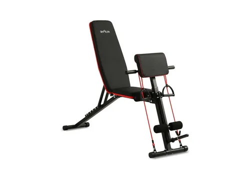 DH FitLife Klappbare Hantelbank mit Curlbank und Beinstrecker - Vielseitige Trainingsbank für Fitness und Krafttraining. Mit 7-fach höhenverstellbarer Rückenlehne und 2 Zugbändern – ideal für effektives Hanteltraining und Bauchübungen.