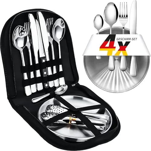 Camping Geschirr Set für 4 Personen – Besteckset mit Edelstahltellern, Gabeln, Messern und Löffeln – Tragbares Besteck für Outdoor, Picknick, Wohnmobil und Grillen. [23-teilig/Inkl. 4 Teelöffel]