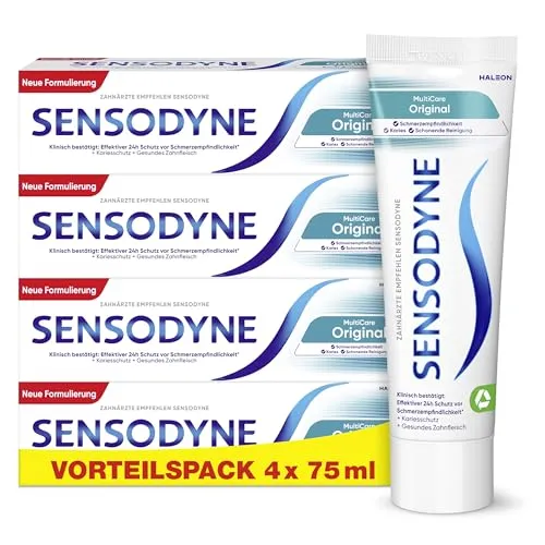 SENSODYNE MultiCare Original Zahnpasta, tägliche Zahncreme mit Fluorid für schmerzempfindliche Zähne, 4x75ml
