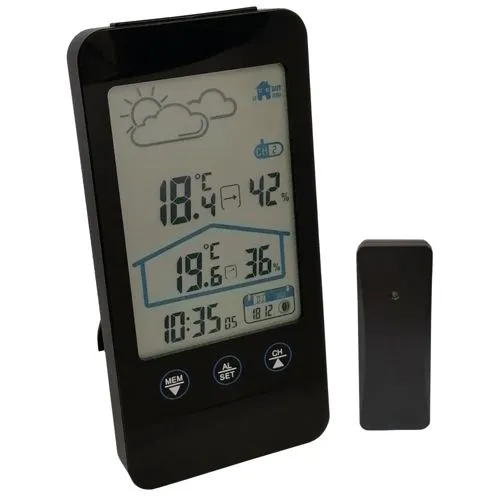 MEBUS 11908 - Funk-Wetterstation - Wecker mit digitaler Funk-Wetterstation, bietet präzise Innen- und Außentemperatur, Wettervorhersage und Mondphasen-Anzeige – ideal für den täglichen Gebrauch.