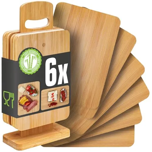 DuneDesign Frühstücksbrettchen mit Ständer 6er Set - 22x15 Schneidebrett mit Ständer - Jausenbrett Holz Frühstücksbretter mit Halter Bambusbrettchen Holzbrettchen Küche Brotbretter mit Ständer