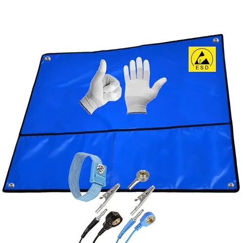 Minadax 80×60 cm ESD Set Antistatische Arbeitsmatte Tischmatte Unterlage | Tragbar & Faltbar + Manschette + Erdungskabel + ESD Handschuhe - Schutz vor Entladungsschäden