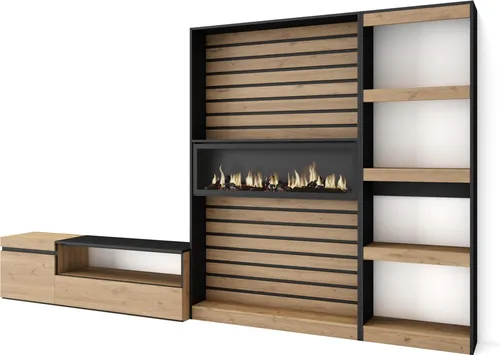 Produktbild Elegante Wohnwand mit Elektrokamin XXL, Eiche und Schwarz
