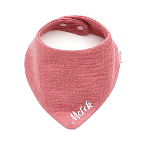 AngelicArt Personalisiertes Dreieckshalstuch aus Baumwolle, Halstuch für Jungen, Mädchen, Unisex, mit Druckknopfverschluss, in verschiedenen Farben mit Wunschnamen-Musselin (Altrosa)