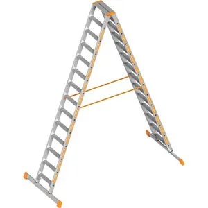 Layher Stehleiter Topic 1043.1 - Aluminium 2x14 Stufen - Leiter aus Aluminium, bis 150 kg belastbar, maximale Arbeitshöhe 4,85 m. Beidseitig begehbar mit rutschhemmenden Stufen für höchste Sicherheit. Ideal für professionelle Anwendungen.