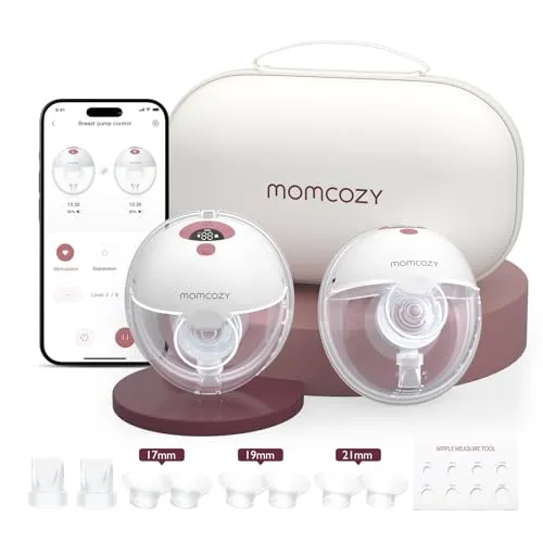 Momcozy M5 Smart Milchpumpe Elektrische, App-Steuerung Milchpumpen handsfree, tragbare Doppel Brustpumpen mit Babymund Doppelgedichtete Brusthaube mit 3 Modi und 9 Stufen - 2 Pack, Rot