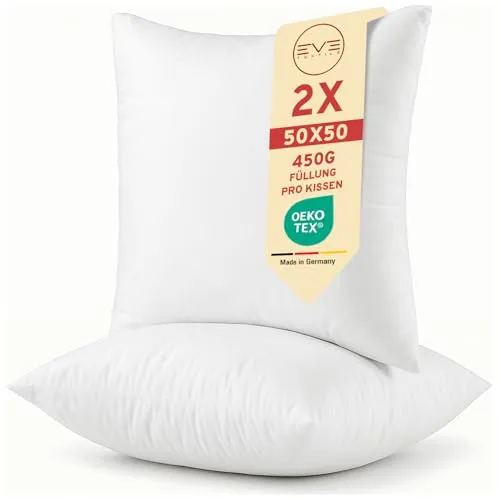 EVE Textile® 2er Set Kissen 50x50 cm bis 60° Waschbar Atmungsaktives Kopfkissen Innenkissen; Dekokissen, Sofakissen Kisseninlett & Bettkissen mit Flauschiger Microfaserfüllung