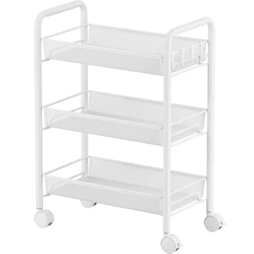 Rollwagen mit 3 Gitterablagen – Metall Küchenwagen mit Rollen und 4 Haken, Servierwagen für Bad, Küche, Büro, Schlafzimmer – Platzsparender Aufbewahrungswagen, Weiß