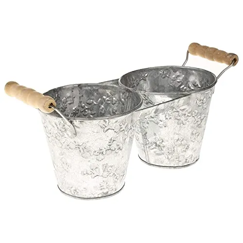 MACOSA BGT06265 Pflanzschale Zink Silber Gemustert rund mit Griff Dekoschale Blumenschale Pflanzgefäß Blumentopf Kräutertopf Pflanzen-Topf Gartendeko Übertopf