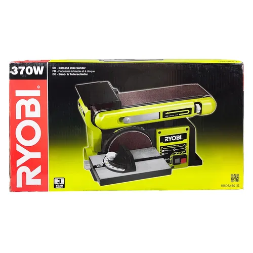 RYOBI 370 W Stand-Bandtellerschleifer - Leistungsstarker Schleifer für präzise Schleifarbeiten im Haushalt. Mit neigbarer Arbeitsfläche und integriertem Absaugstutzen für sauberes Arbeiten. Ideal für Heimwerker!